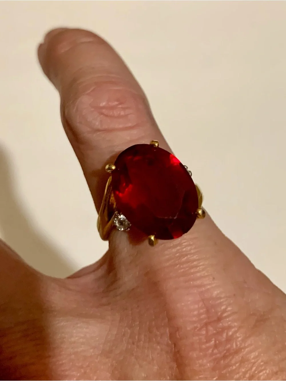 Vintage Gold Cocktail Ring with Deep Red Oval Gemstone #0027